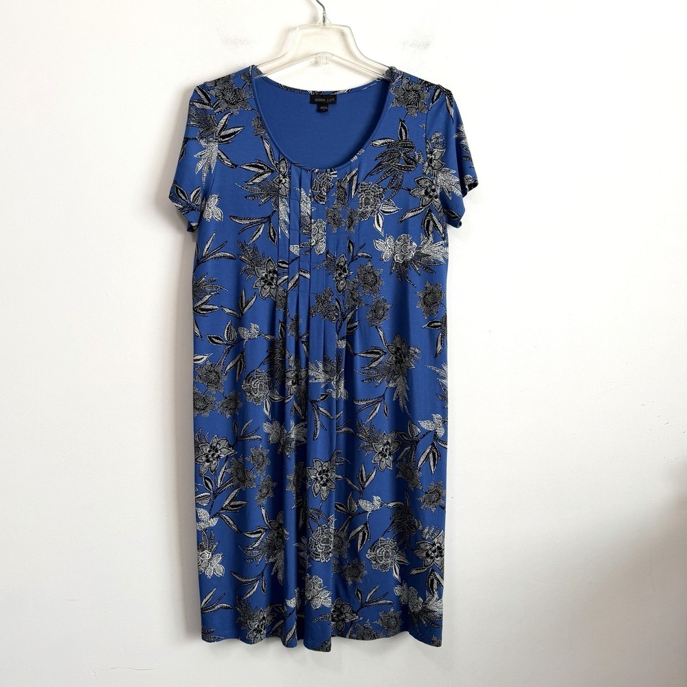 J Jill Wearever Pleated Shift Dress S Pacific Woodcut Floral Pullover Blue Party